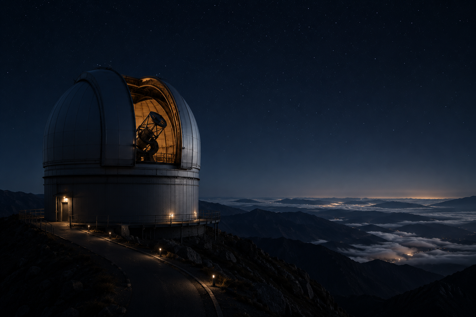 Optical telescope inside a mountain-top observatory dome at night.