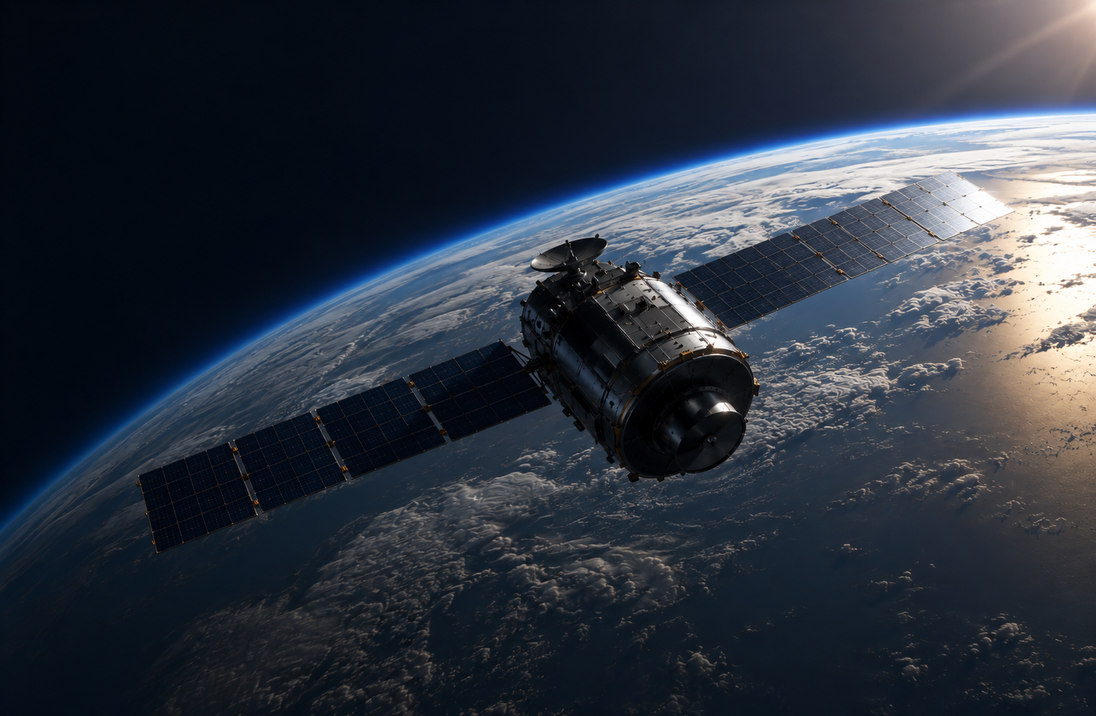 Satellite in Earth orbit above the curved horizon, illustrating resident space object tracking.