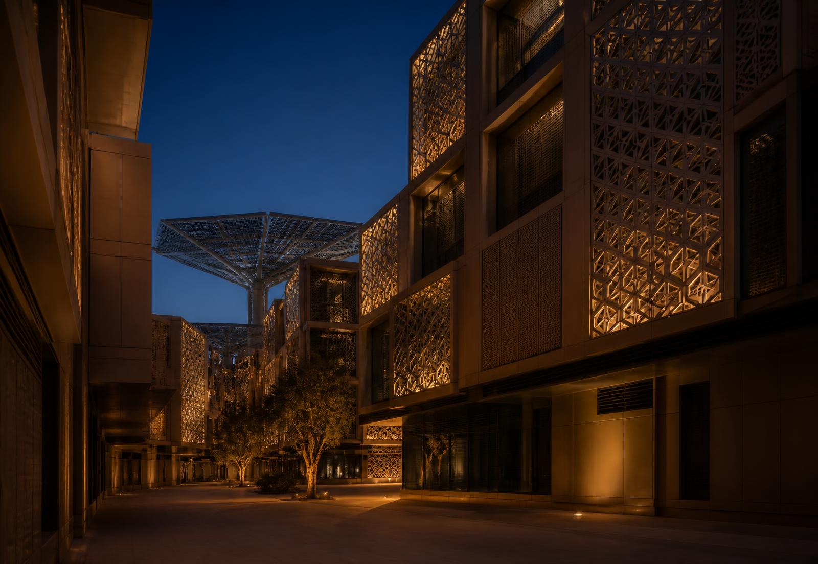 Masdar City architecture at dusk, Abu Dhabi